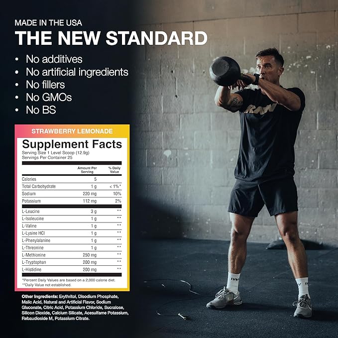 RAW EAA Amino Acids Powder, Strawberry Lemonade (25 Servings) - Pre Workout Amino Energy Powder for Strength, Endurance, Recovery & Lean Muscle Growth - BCAA Amino Acids Supplement for Men & Women