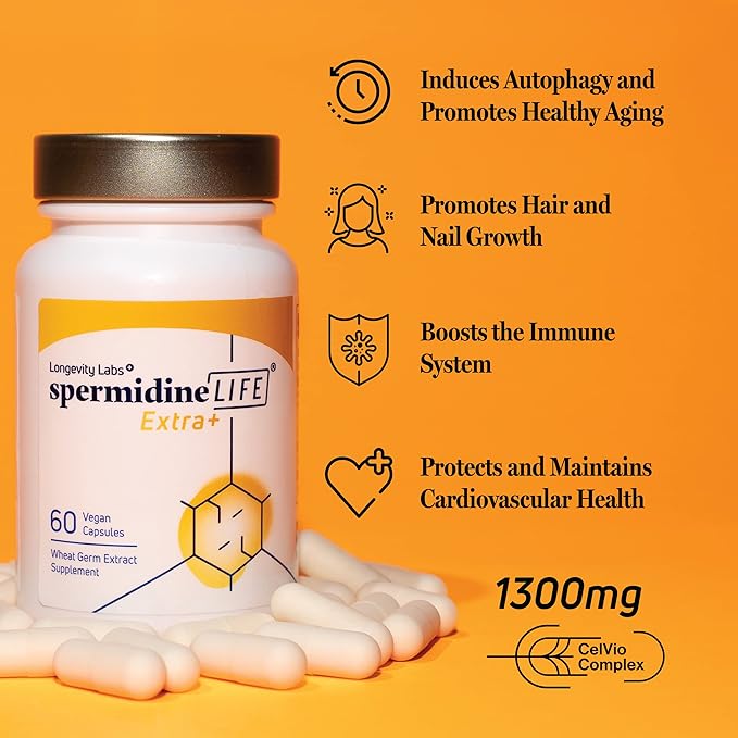 spermidineLIFE Extra+ Strength 1300mg, Natural Supplement, Plant-Based, Wheat Germ Extract with High Spermidine Content and Zinc for Cell Renewal, Vegan-Friendly, 60 Vegetarian Capsules (Pack of 1)