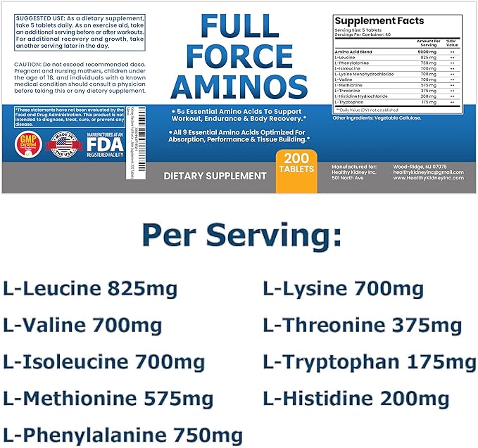 Full Force Amino Acid Supplement, Tissue Building Essential Amino Acids for Workout Recovery. Amino Acids for Performance 5000mg 200 EAA BCAA Tablets