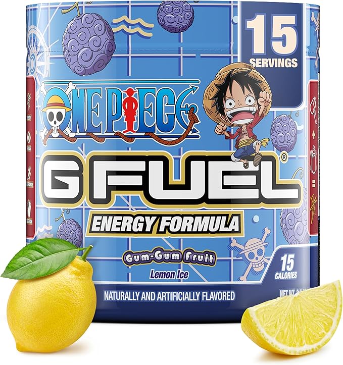 G Fuel ONE Piece Gum-Gum Fruit Energy Drink Powder, Pre Workout Caffeine Powder, Energy Powder Drink Mix for Gaming, Sugar Free Focus Amino, Vitamin + Antioxidants, 3.7oz (Lemon Ice, 15 Servings)