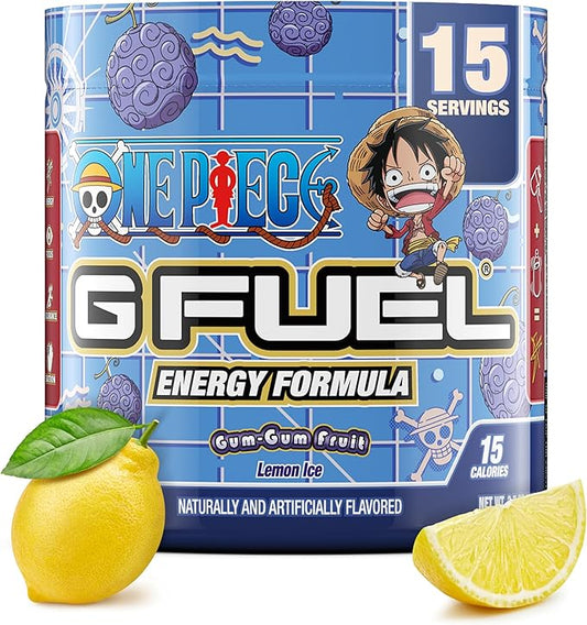 G Fuel ONE Piece Gum-Gum Fruit Energy Drink Powder, Pre Workout Caffeine Powder, Energy Powder Drink Mix for Gaming, Sugar Free Focus Amino, Vitamin + Antioxidants, 3.7oz (Lemon Ice, 15 Servings)