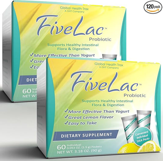 GHT - FiveLac Lemon Probiotic Powder Drink Mix, Probiotics for Women, Men, and Kids - Smooth Digestive Support and Elimination - Relieves Occasional Constipation and Gas - 60 Packets (2 Pack) Non-GMO