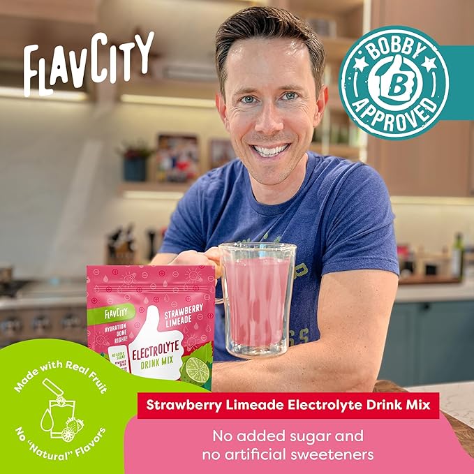 FlavCity Strawberry Limeade Electrolytes Drink Mix, 28 On-The-Go Stick Packs - Healthy Electrolytes Powder Packets Made with Real Fruit - Keto Powdered Drink with No Added Sugar, Gluten-Free