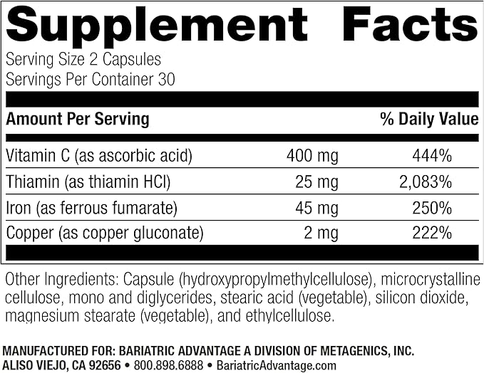 Bariatric Advantage Iron 45 mg with Vitamin C, Thiamin and Copper for Increased Absorption and Utilization, Easily Digestible for Gastric Bypass and Sleeve Gastrectomy Surgery Patients - 60 Count
