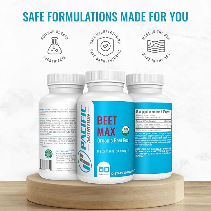 Beet Root Powder Supplement, 60 Tablets - 675mg Organic Beet Powder for Stamina & Energy Support, Brain Health Boost & Normal Blood Pressure Support - Made in The USA - Beet Max
