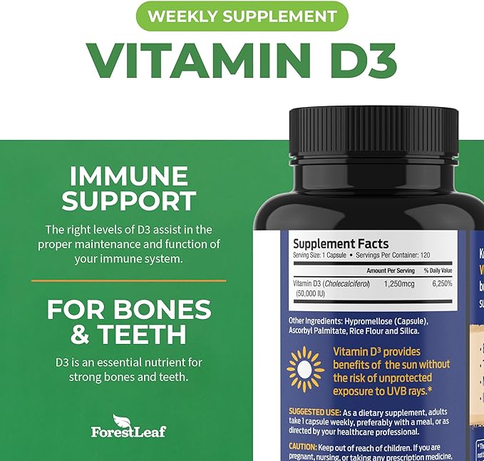 ForestLeaf - Vitamin D3 IU Weekly Supplement - Vitamin D Capsules for Bones, Teeth, and Immune Support - Easy Swallow Pure Vitamin D3 Caps (50,000 IU - 120 Count - 2 Pack)