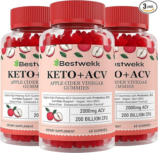 Apple Cider Vinegar Gummies, Max Strength 2000mg ACV Gummies with Probiotics, B12 and Keto, for Digestion, Metabolism, Gut & Immune Health, Gelatin-Free, Vegan & Non-GMO, 180 Gummies