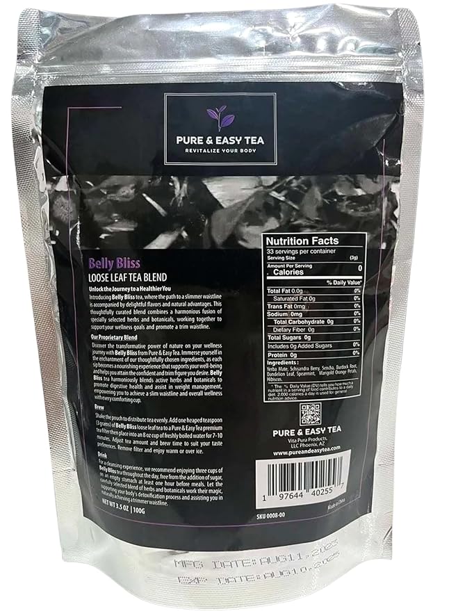 Pure And Easy Tea, Belly Bliss, Cleanse & Detox Tea, Supports Healthy Weight, Helps Reduce Bloating, 30 Day Supply, 100g/3.5oz