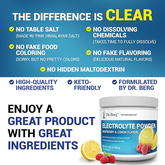 Dr. Berg Zero Sugar Hydration Keto Electrolyte Powder - Enhanced w/ 1000 mg of Potassium & Real Pink Himalayan Salt (NOT Table Salt) - Raspberry & Lemon Hydration Drink Supplement - 50 Servings 3 Pack