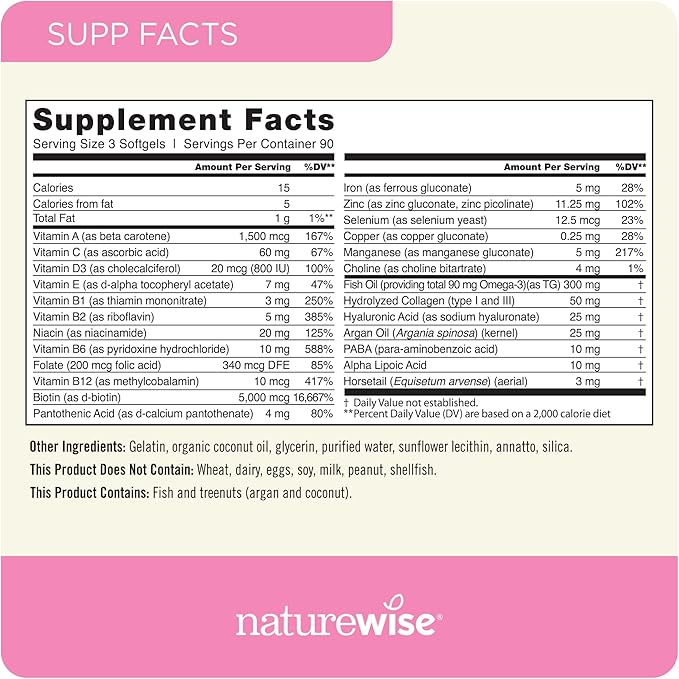 NatureWise Hair Skin and Nails Vitamin, Biotin 5000mcg w/Hyaluronic Acid, Collagen for Women with C, B Complex, D3, A, E, Iron - Non-GMO, Gluten Free - 270 Softgels[3-Month Supply]