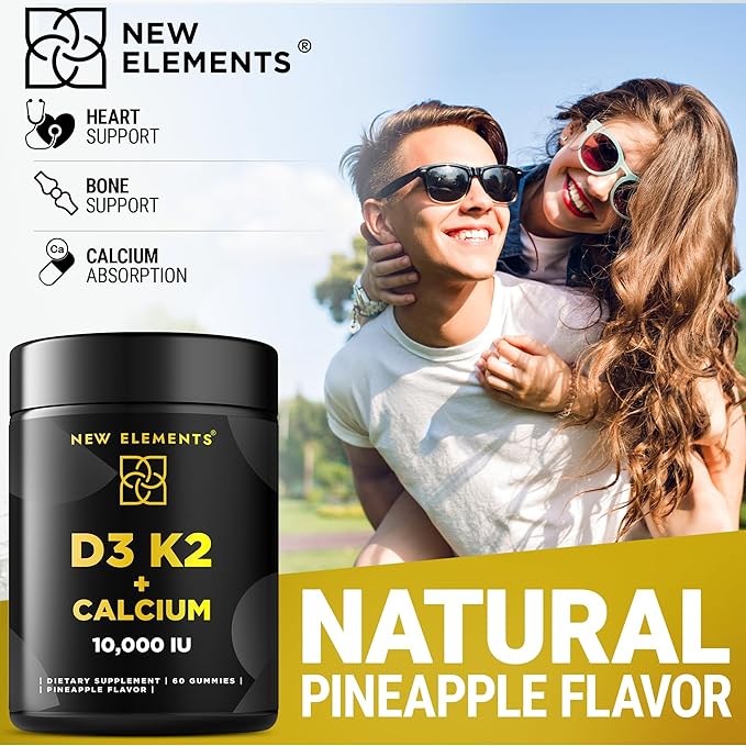 Vitamin D3 K2 Gummies 10000 IU with Calcium 100mg - VIT D3 for Adults - Mk7 Vitamin K2 100mcg - Vitamin D Supplement for Men & Women - Vegan Gluten Free Non-GMO
