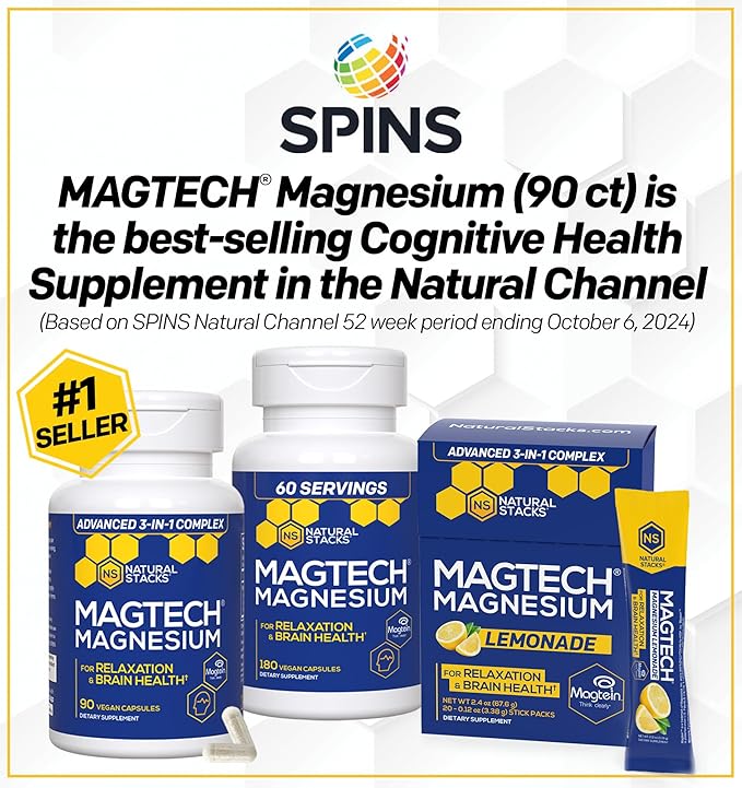 MagTech Magnesium Lemonade Drink Mix - Chelated Magnesium Complex - 3 Forms of Magnesium: Magtein Magnesium L-Threonate, Glycinate & Taurate - Supports Relaxation & Brain Health*, 20 Stick Packs