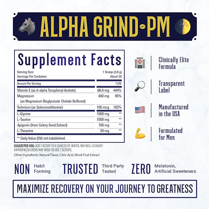 Advanced Sleep Supplement for Men, Nootropic Night Time Burner & Anabolic Recovery, Natural Sleep Aid with Magnesium Glycinate, Apigenin, Selenium - Vanilla Flavor | Alpha Grind PM