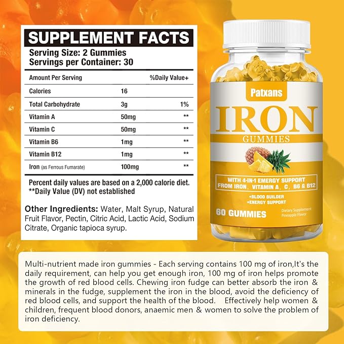 1 Pack 100MG Iron Supplement Gummies for Women & Men - with Vitamin A, C, B - Blood Builder ＆ Energy Support for Iron Deficiency, Anemia, Adults ＆ Children, Vegan, Pineapple Flavor Gummy, 60ct