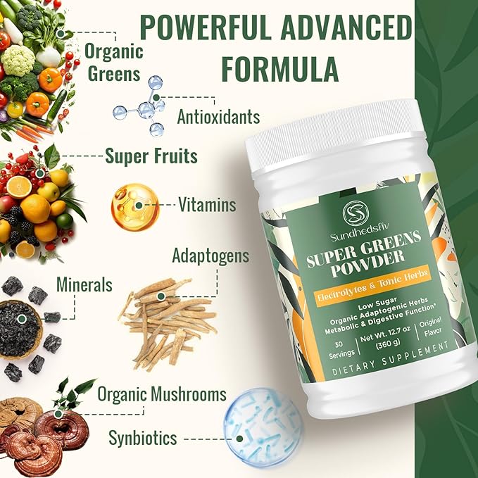 Super Greens Powder Superfood Supplement + Electrolytes & Tonic Herbs | Organic Greens, Adaptogens, Shilajit, Antioxidants, Preobiotic & Probiotic & Postbiotic | for Gut, Energy & Immune | 30 Servings