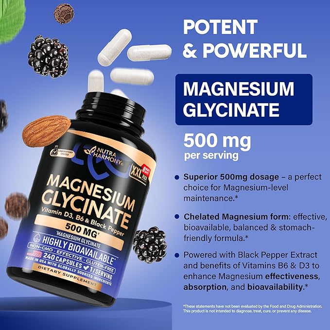 Magnesium Glycinate 500 mg - Chelated Supplement - with Vitamin B6 & D3 - High Absorption 98% - Support for Sleep, Muscle & Heart Health - Made in USA, Lab Tested & Non-GMO - 240 Capsules