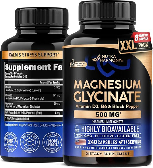 Magnesium Glycinate 500 mg - Chelated Supplement - with Vitamin B6 & D3 - High Absorption 98% - Support for Sleep, Muscle & Heart Health - Made in USA, Lab Tested & Non-GMO - 240 Capsules