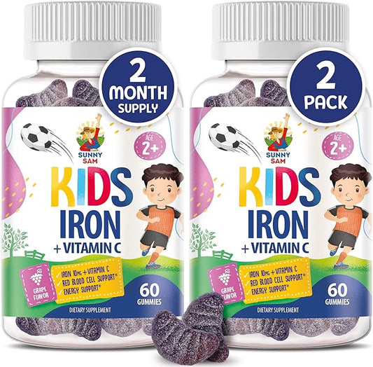 SUNNY SAM Iron Gummies for Kids & Teens - 10mg Iron Vitamins with Vitamin C - Low-Sugar Chewable Iron Gummy Supplement for Immune Support, Supports Red Blood Cell Production for Children & Teen Girls