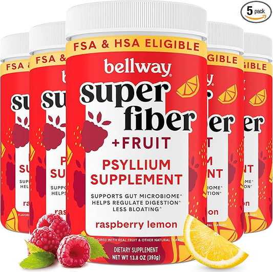 Bellway Super Fiber Powder + Fruit (5 Pack), Sugar Free Organic Psyllium Husk Powder Fiber Supplement for Regularity, Bloating Relief & Gut Health, Non-GMO, Plant-Based, Raspberry Lemon (250 Servings)