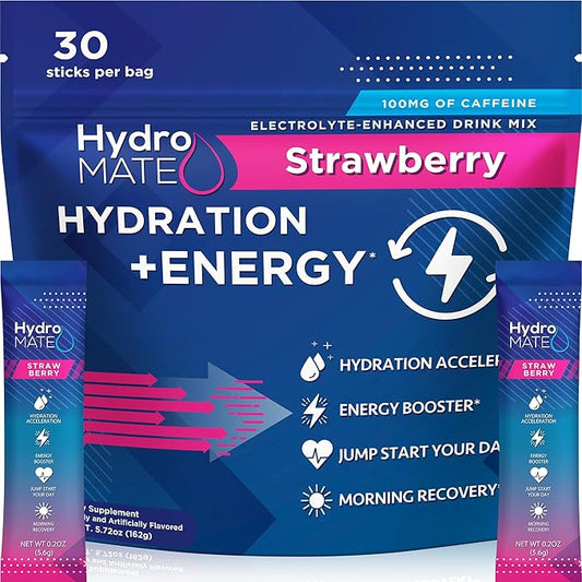 NatureWorks HydroMATE Electrolytes Powder Drink Mix Packets Hydration Accelerator Low Sugar Rapid Party Relief Recovery Vitamin C Plus Caffeine Strawberry 30 Count