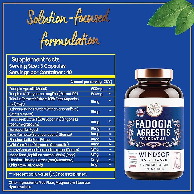 Fadogia Agrestis and Tongkat Ali Supplement - Fadogia Agrestis 600mg, 500mg Longjack Tongkat Ali for Men, Maca Root, Fenugreek, Ashwagandha, Saw Palmetto to Support Energy, Stamina, Vitality - 120Caps
