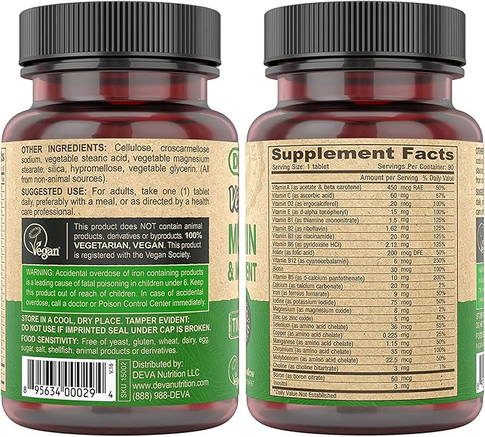 DEVA Tiny Tablets Vegan Multivitamins for Women & Men, Multivitamin with Iron, Mineral Supplement, Vitamin C, Vitamin B Complex, Vitamin B12, Vitamin E, Zinc, Gluten Free, 90 Tablets (Pack of 2)