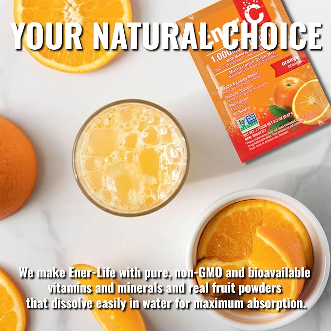 Ener-C Orange Multivitamin Drink Mix Powder Vitamin C 1000mg & Electrolytes with Real Fruit Juice Natural Energy & Immune Support for Women & Men - Non-GMO Vegan & Gluten Free - 60 Count