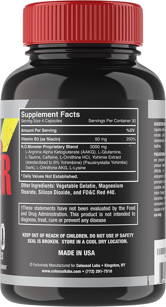 N.O. Monster Nitric Oxide Booster with L-Arginine – Extreme Pumps for Strength, Muscle Growth, Pre-Workout Support – Boost Energy, Stamina & Endurance – 120 Capsules, Made in The USA