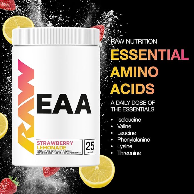 RAW EAA Amino Acids Powder, Strawberry Lemonade (25 Servings) - Pre Workout Amino Energy Powder for Strength, Endurance, Recovery & Lean Muscle Growth - BCAA Amino Acids Supplement for Men & Women