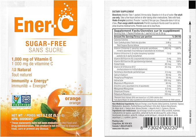 Ener-C Sugar Free Energy Orange Multivitamin Drink Mix Vitamin C 1000mg & Electrolytes - Natural Immunity Support with Real Fruit Juice Powders Non-GMO Vegan & Gluten Free - 60 Count