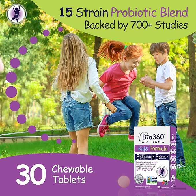 Kids Probiotic Supplement, Daily Support for Kid's Gut, Immune, Brain & Whole Body Health, 15 Strains 5 Billion CFU, Organic Prebiotic Apple Fiber, 30 Chewable Mixed Berry Flavor