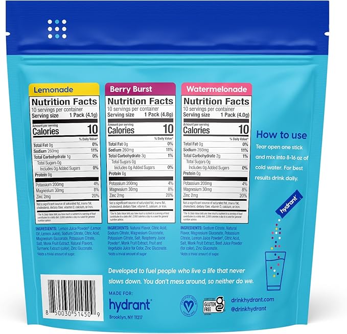 Hydrant Hydrate Zero Sugar, Individual Hydration Electrolye Powder Stick Packets with Zero Sugar and FSA & HSA Eligibility (Variety Pack, 30 Count)