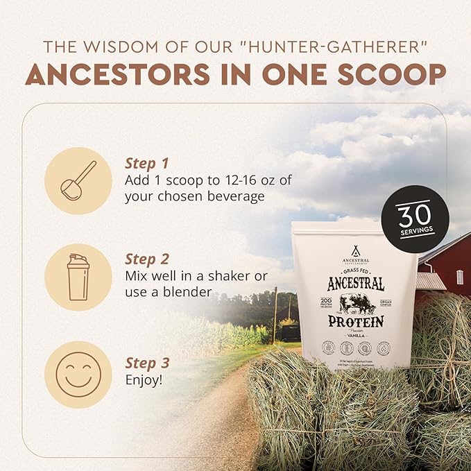Ancestral Supplements Grass Fed Protein Powder, Vanilla, Beef Bone Broth Based with Beef Organs & Organic Mushrooms, Gut Health Support, High Protein Supplement, 20g Protein Per Serving, 30 Day Supply