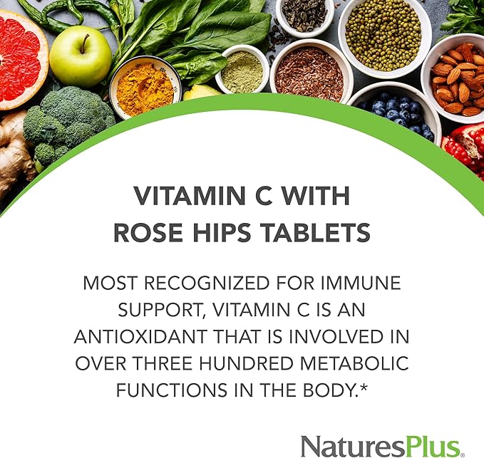 Natures Plus Vitamin C with Rose HIPS - 500 mg, 90 Vegetarian Tablets - Corn-Free, Gluten-Free - 90 Servings