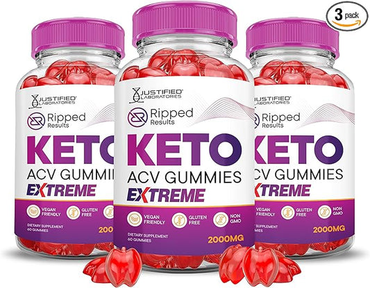 (3 Pack) Ripped Results Keto ACV Gummies Extreme 2000MG Ripped Results Keto Gummies Apple Cider Vinegar Formulated with Pomegranate Beet Juice Powder B12 Vegan Non GMO 180 Gummys