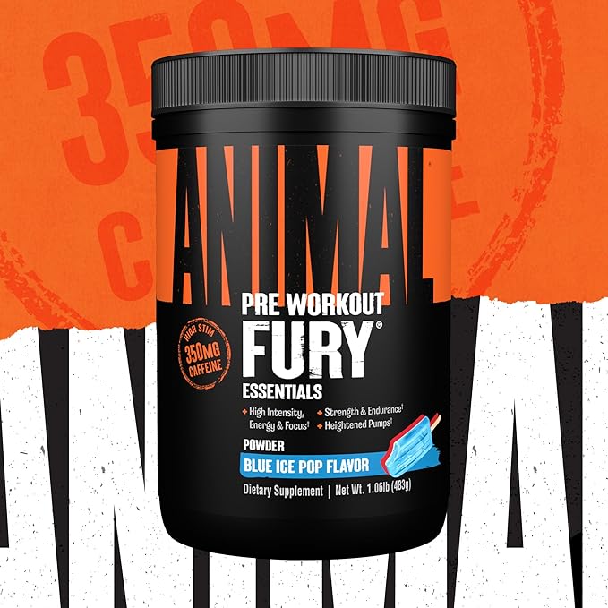 Animal Fury Pre Workout Powder - Energy and Focus Supplement with 5g BCAA, 350mg Caffeine Nitric Oxide Booster with Beta-Alanine, Preworkout for Men and Women, Blue Ice Pop Flavor, 30 Servings