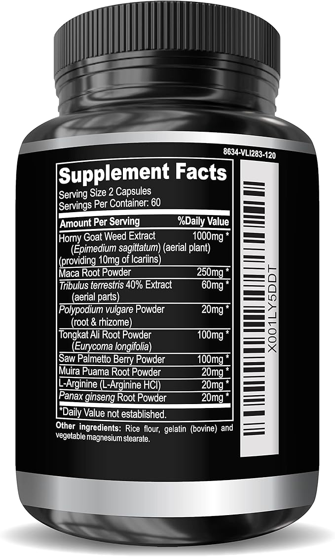 Super Strength 1590mg Horny Goat Weed 120 Capsules With Maca Arginine & Ginseng - Naturally Boost your Health, Workout Performance, Endurance & Energy, Joint Health For Men & Women (120C)