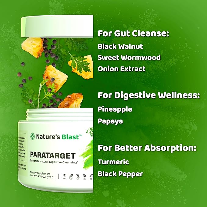 ParaTarget - Gut Cleanse Powder Supplement - Intestinal Gut Health Formula with Black Walnut, Wormwood, Turmeric & More - Natural Wellness Supplements for Women & Men - 30 Servings