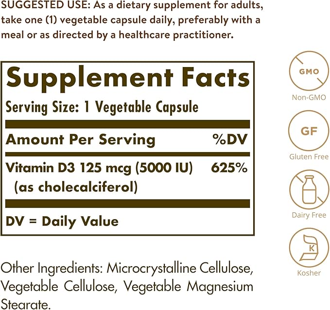 Solgar Vitamin D3 (Cholecalciferol) 125 mcg (5000 IU), 240 Vegetable Capsules - Helps Maintain Healthy Bones & Teeth - Immune System Support - Non-GMO, Gluten Free, Dairy Free, Kosher - 240 Servings
