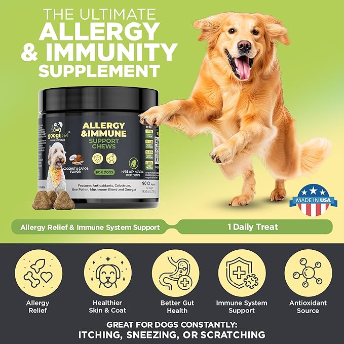 Googipet Dog Allergy Chews, Dog Allergy Relief & Itchy Skin Relief, Dog Skin & Coat Supplement +Bee Pollen, Colostrum for Dogs, Coconut Oil, Probiotics, & Omega 3 Fish Oil for Dogs Itching Skin Relief