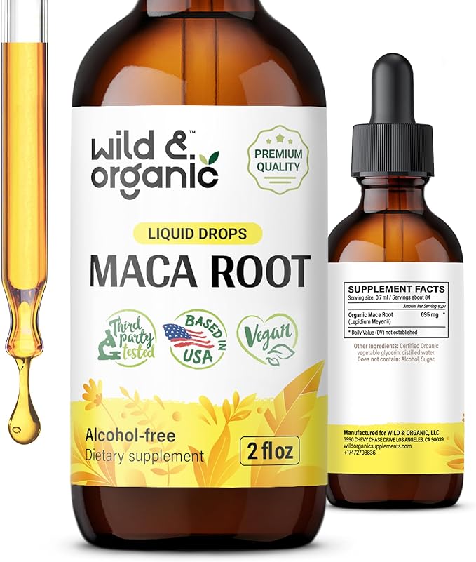 Wild & Organic Maca Root Drops for Women & Men - Supports Mood, Focus, Active Lifestyle - Alcohol Free Maca Tincture - Liquid Maca Root Supplement - Vegan, No Additives - 2 fl oz