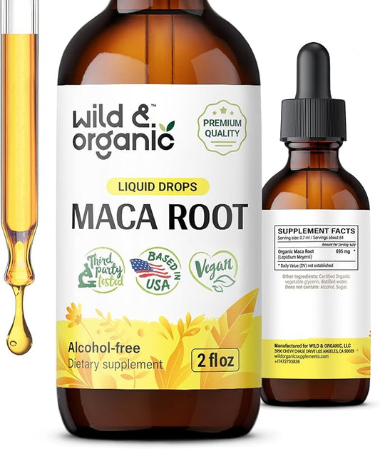 Wild & Organic Maca Root Drops for Women & Men - Supports Mood, Focus, Active Lifestyle - Alcohol Free Maca Tincture - Liquid Maca Root Supplement - Vegan, No Additives - 2 fl oz