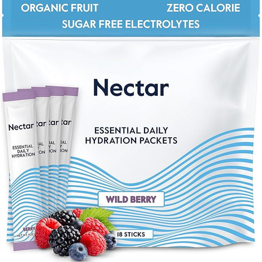Nectar Hydration Packets - Electrolytes Powder Packets - No Sugar or Calories - Organic Fruit Liquid Daily IV Hydrate Packets for Dehydration Relief and Rapid Rehydration (Berry 18 Pack)
