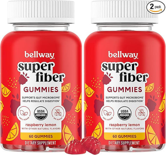 Bellway Super Fiber Gummies for Adults (2 Pack) - Sugar Free Organic Fiber Supplement Gummies with 4g of Fiber per Serving - Prebiotic Chicory Root Fiber for Gut Health, Raspberry Lemon, 120 Count