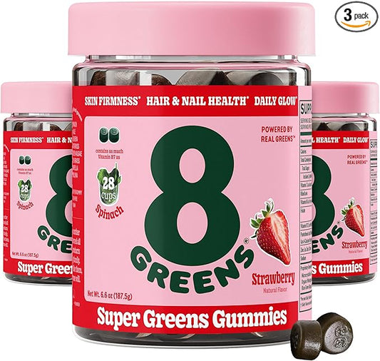 8Greens Supergreens Beauty Gummies with Collagen & Biotin | Super Greens Powder Superfood Gummy for Healthy Skin, Hair, Nails, Glow, and Firmness, Superfood Booster, Strawberry Flavored, 150 Count