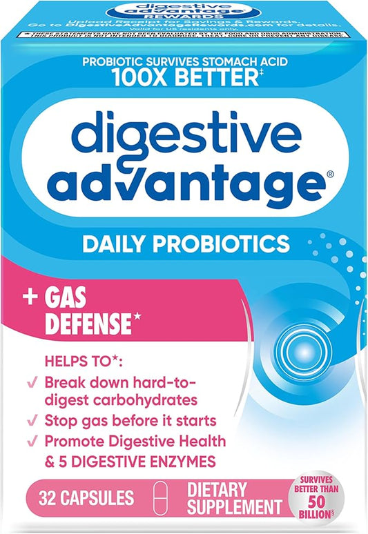 Digestive Advantage Gas Defense, Daily Probiotics for Women & Men Digestive Health with 5 Digestive Enzymes, Supports Gut Health & Stops Gas Before Start, with Immune Support, 32 Capsules