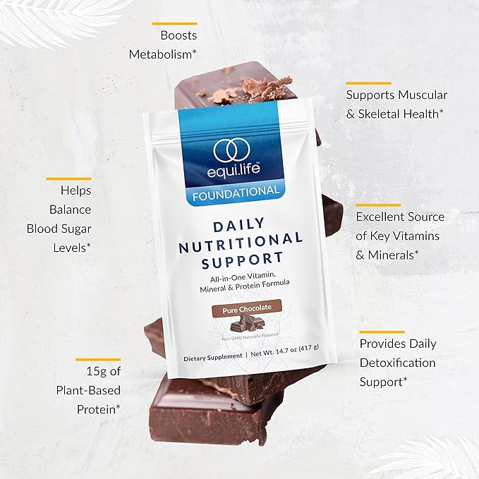 Equilife - Daily Nutritional Support, Organic and Plant Based Protein Powder, All-in-one Multivitamin, Boost Energy and Mood, Gut-Cleansing Aid and Skin Health (Pure Chocolate,14 Servings Bag)