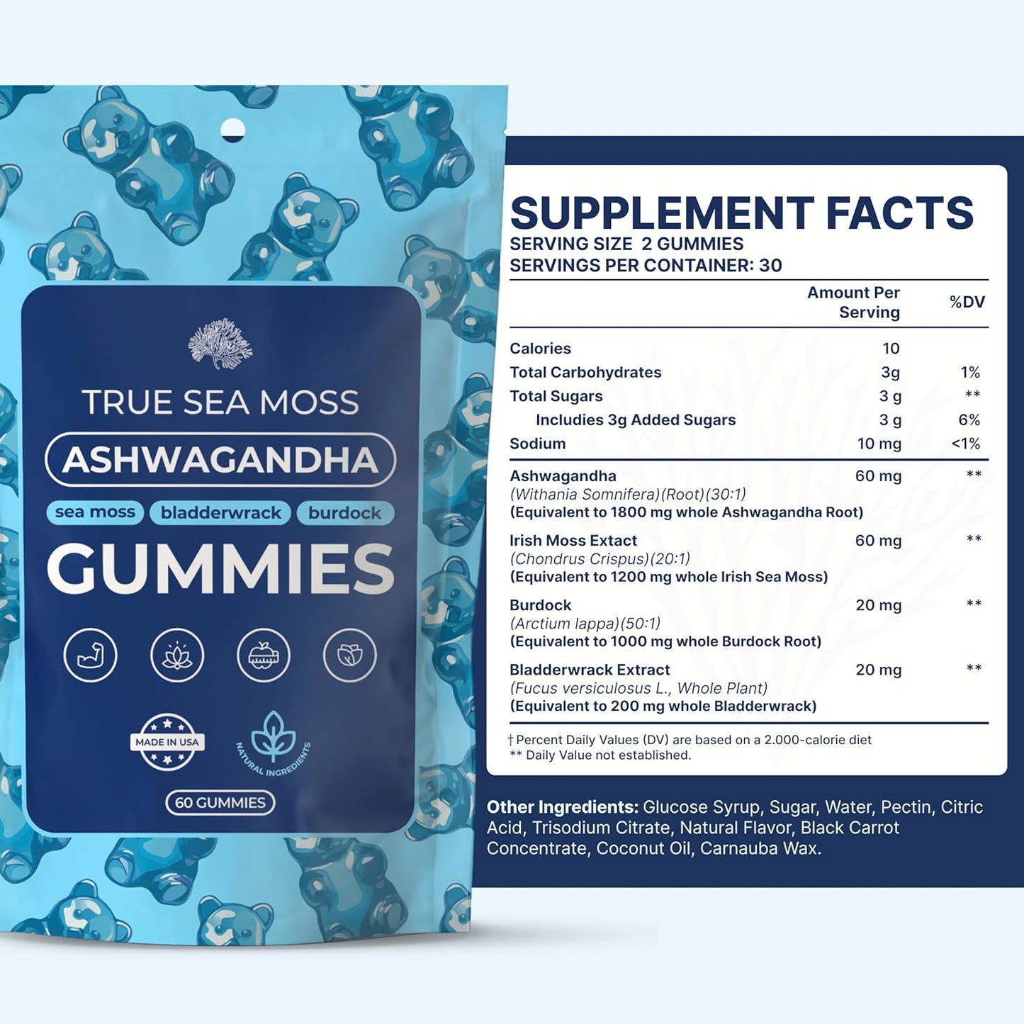 Sea Moss Ashwagandha Gummies for Women & Men - Vegan Herbal Blend with Sea Moss, Bladderwrack & Burdock, 60 Gummies in Pouch (30-Day Supply)
