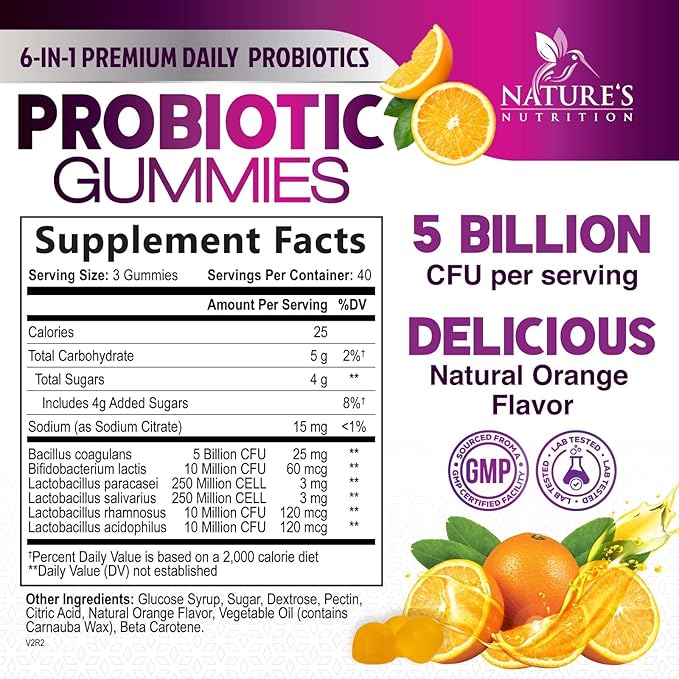 Probiotic Gummies for Digestive Health, Daily Probiotics for Women & Men, 5 Billion CFUs, Nature's Pro Biotics Gummy for Immune Support, Digestive Nutritional Supplements, Orange Flavor - 120 Gummies
