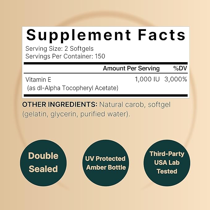 NatureBell Vitamin E Oil Softgels, 1,000 IU Per Serving, 300 Pills | Essential Antioxidant Supplements, Easily Absorbed Form – Supports Skin, Heart, & Immune Health – Non-GMO